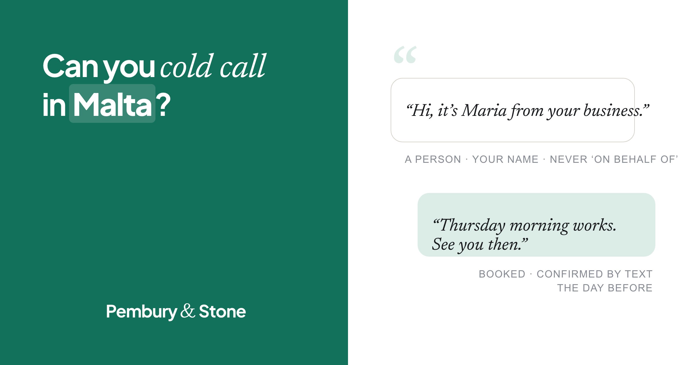 Card reading 'Can you cold call in Malta?' beside a drawing of a call that opens: 'Hi, it's Maria from your business.'