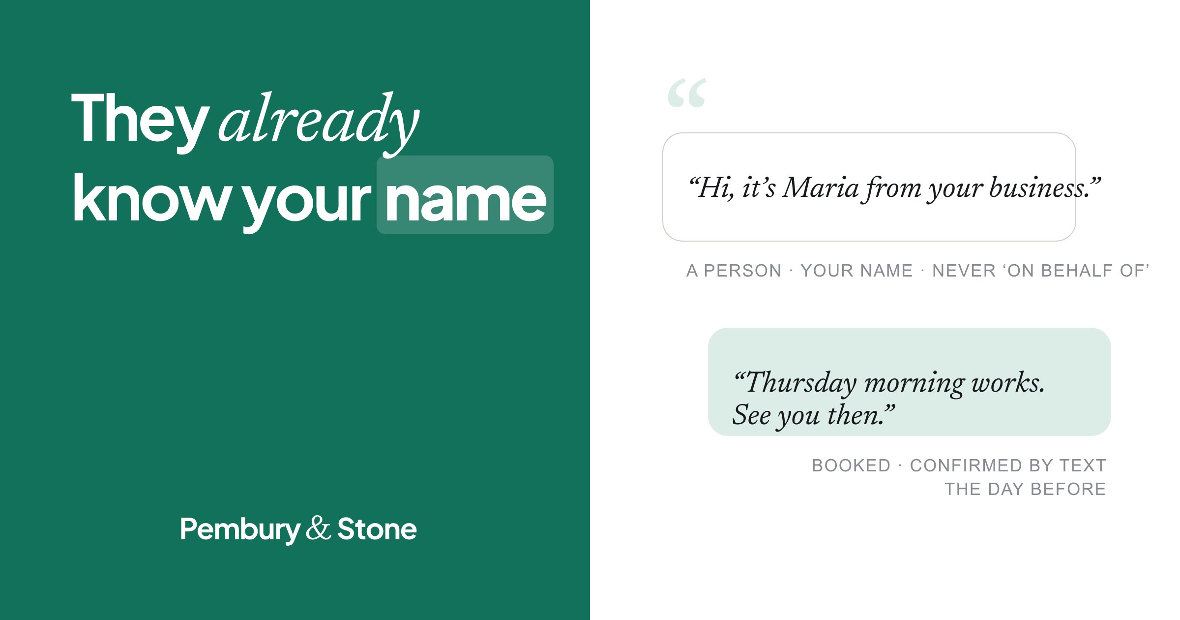 Card reading 'They already know your name' beside a drawing of a call that opens 'Hi, it's Maria from your business' and ends with a booking.
