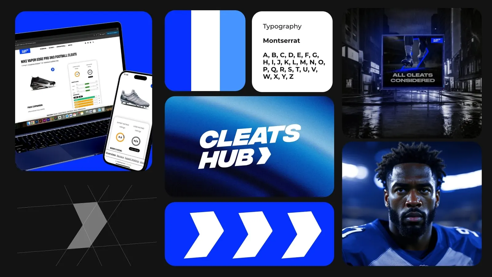Cleats Hub brand board: website on a laptop and a phone, typography, logo and chevrons