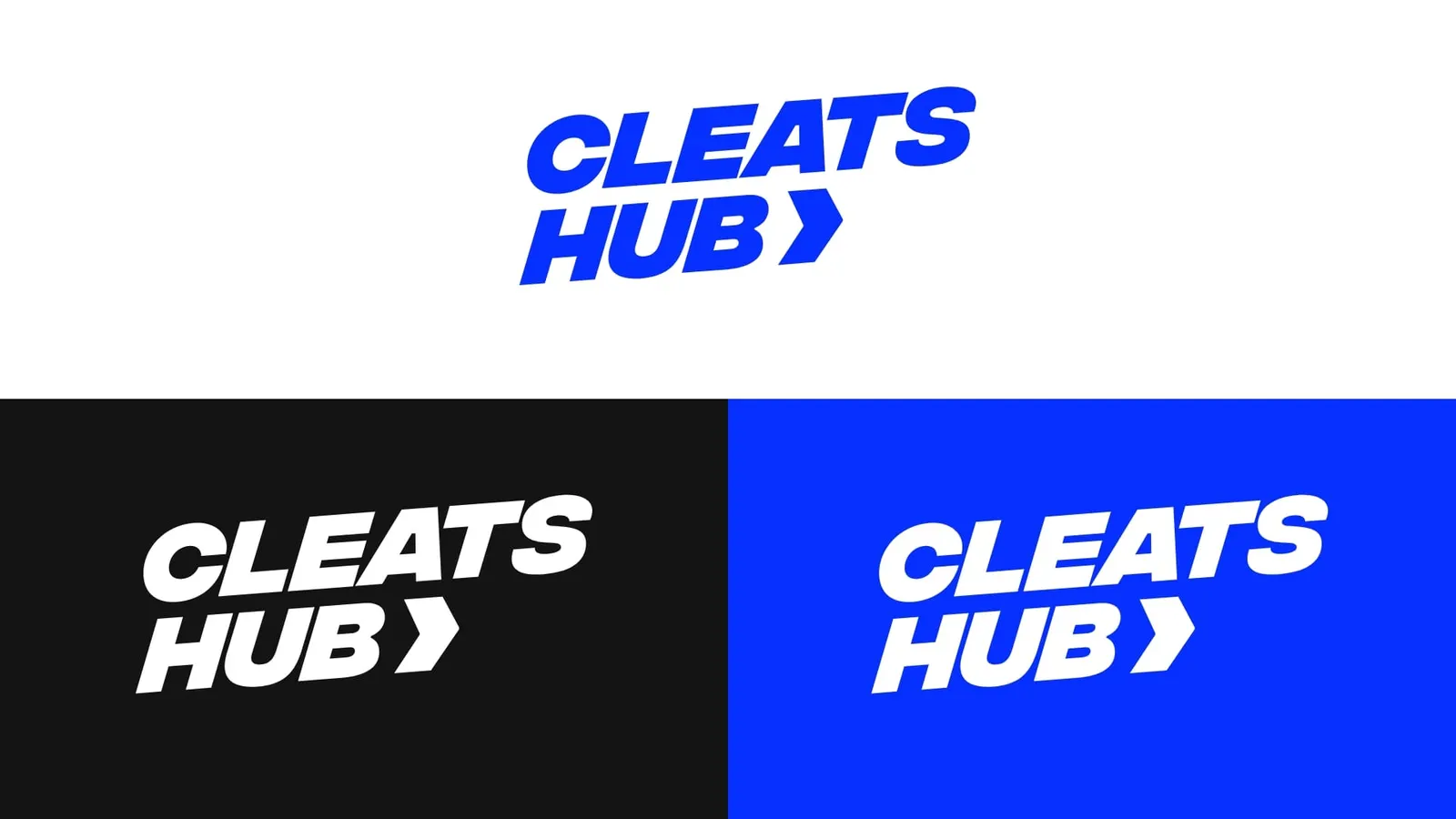 Cleats Hub logo in blue on white, and in white on black and blue