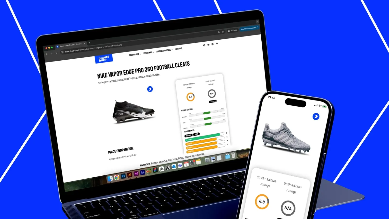A Cleats Hub review of a football cleat on a laptop and a phone, with the scoring panel