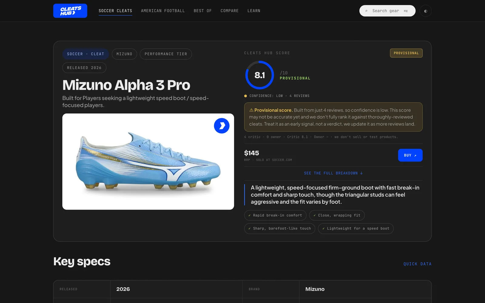 A Cleats Hub review page: the Mizuno Alpha 3 Pro with its score, confidence and the reviews behind it