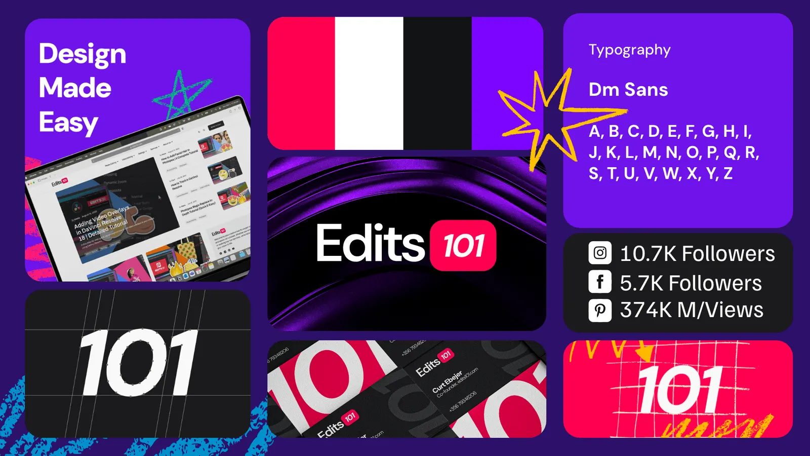 Edits 101 brand board: website on a laptop, logo, typography and social media figures
