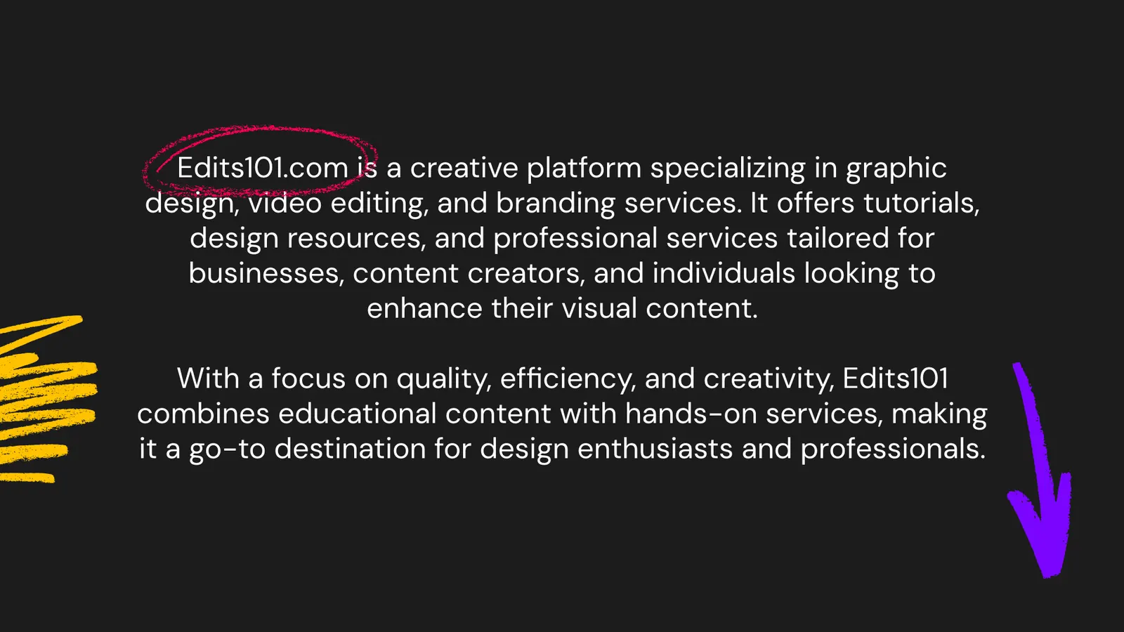 A short introduction to Edits101.com on a dark background with yellow and purple doodles