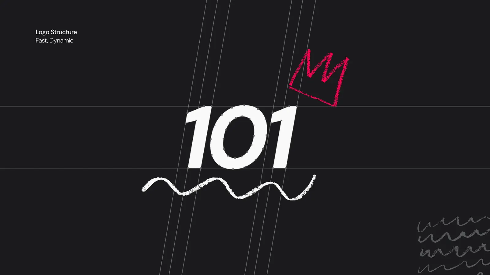 The 101 mark with a crown and a squiggle, on a construction grid