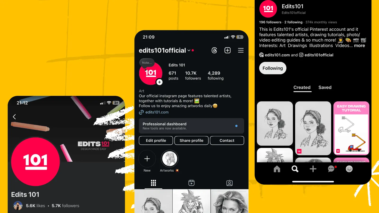 Edits 101 Instagram and Pinterest profiles on phones
