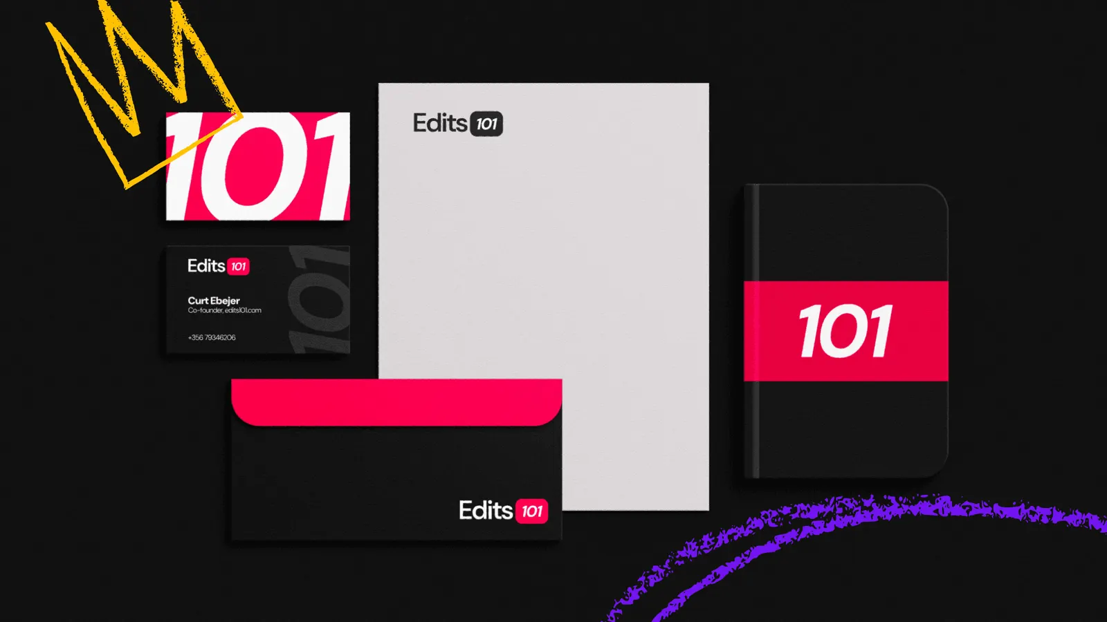 Edits 101 stationery: letterhead, envelope, notebook and business card