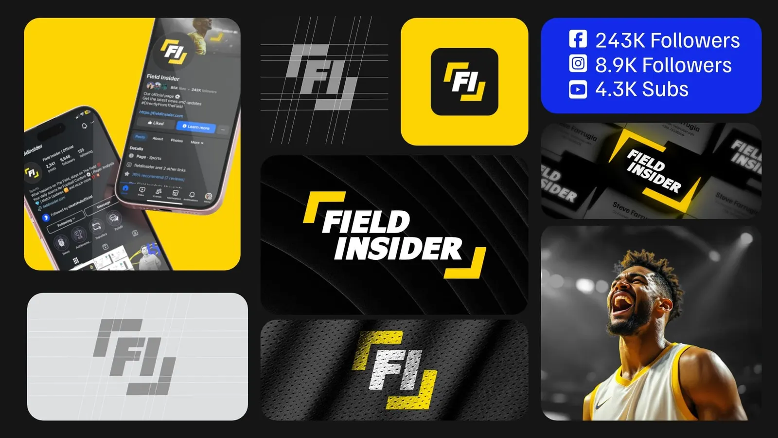 Field Insider brand board: logo, app icon, phone screens and social media follower counts