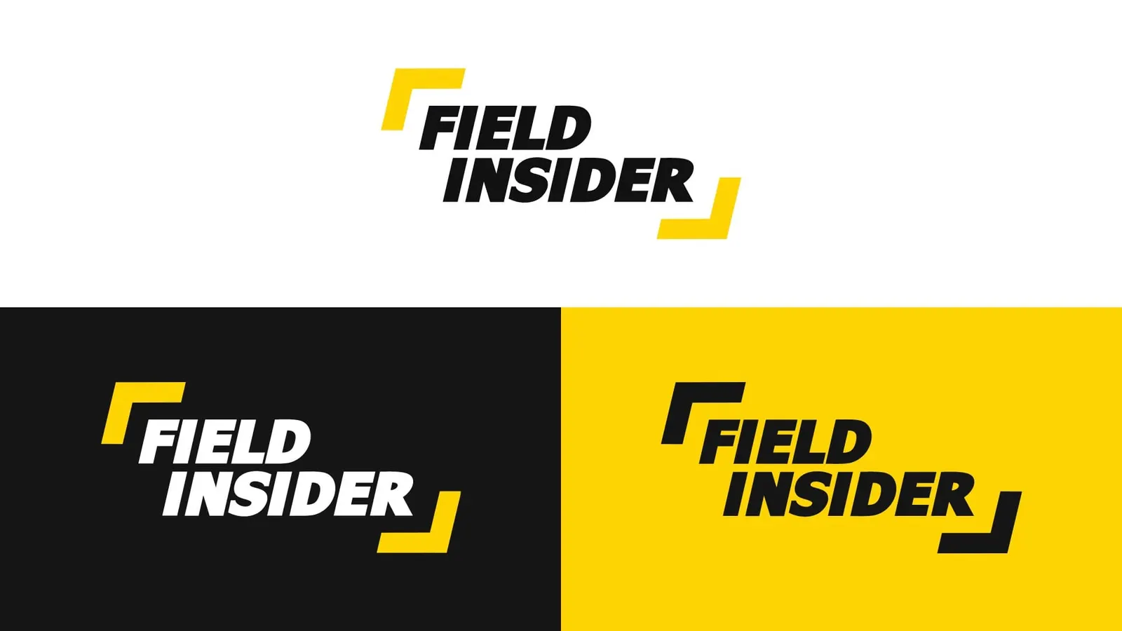 Field Insider wordmark in black on white, and on black and yellow