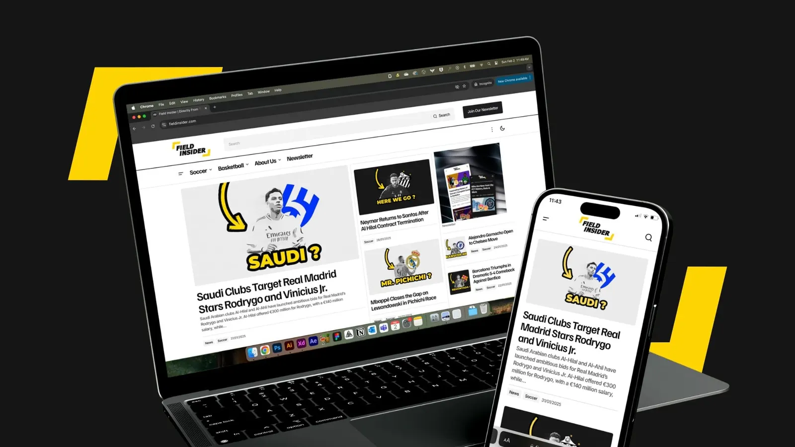 Field Insider website on a laptop and a phone, showing a football news article