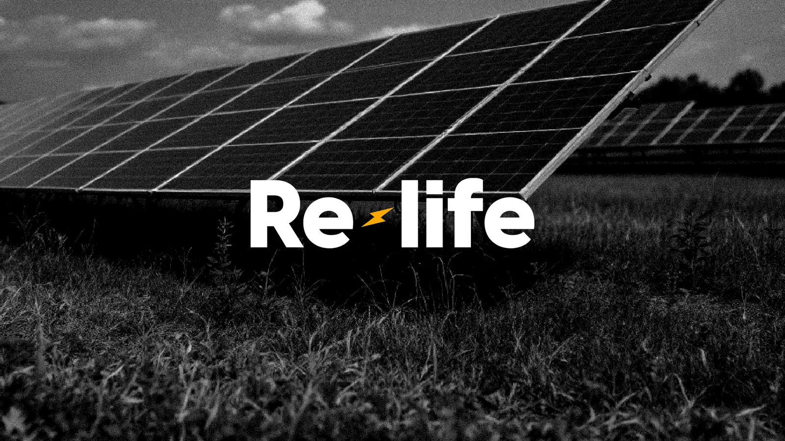 Re-life logo in white over a field of solar panels