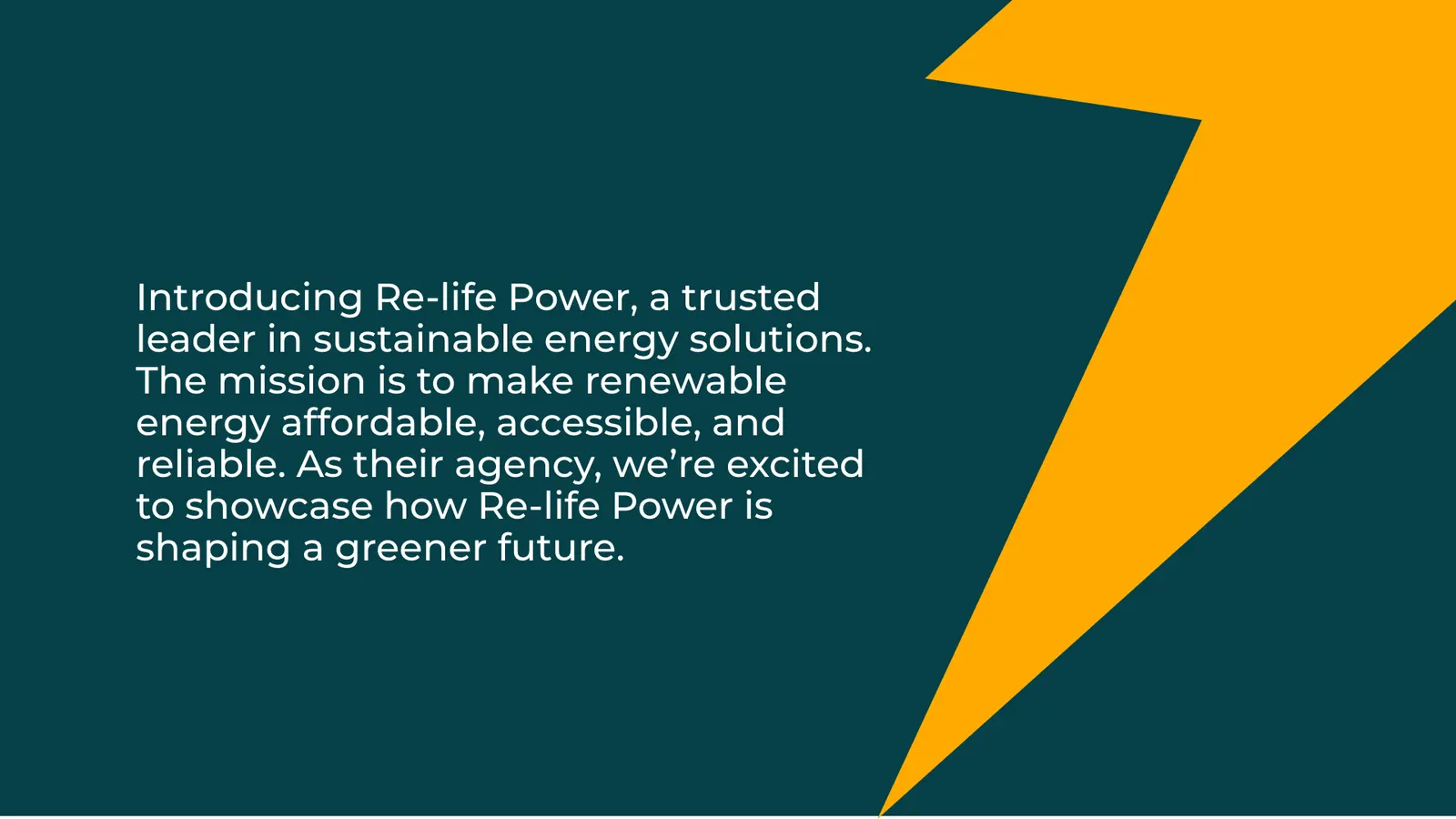 A short introduction to Re-life Power beside an orange lightning bolt on dark green