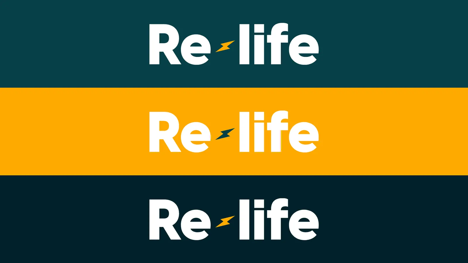 Re-life wordmark on dark green, orange and navy