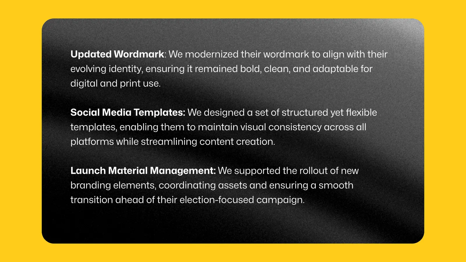 Summary of the work: updated wordmark, social media templates and launch material