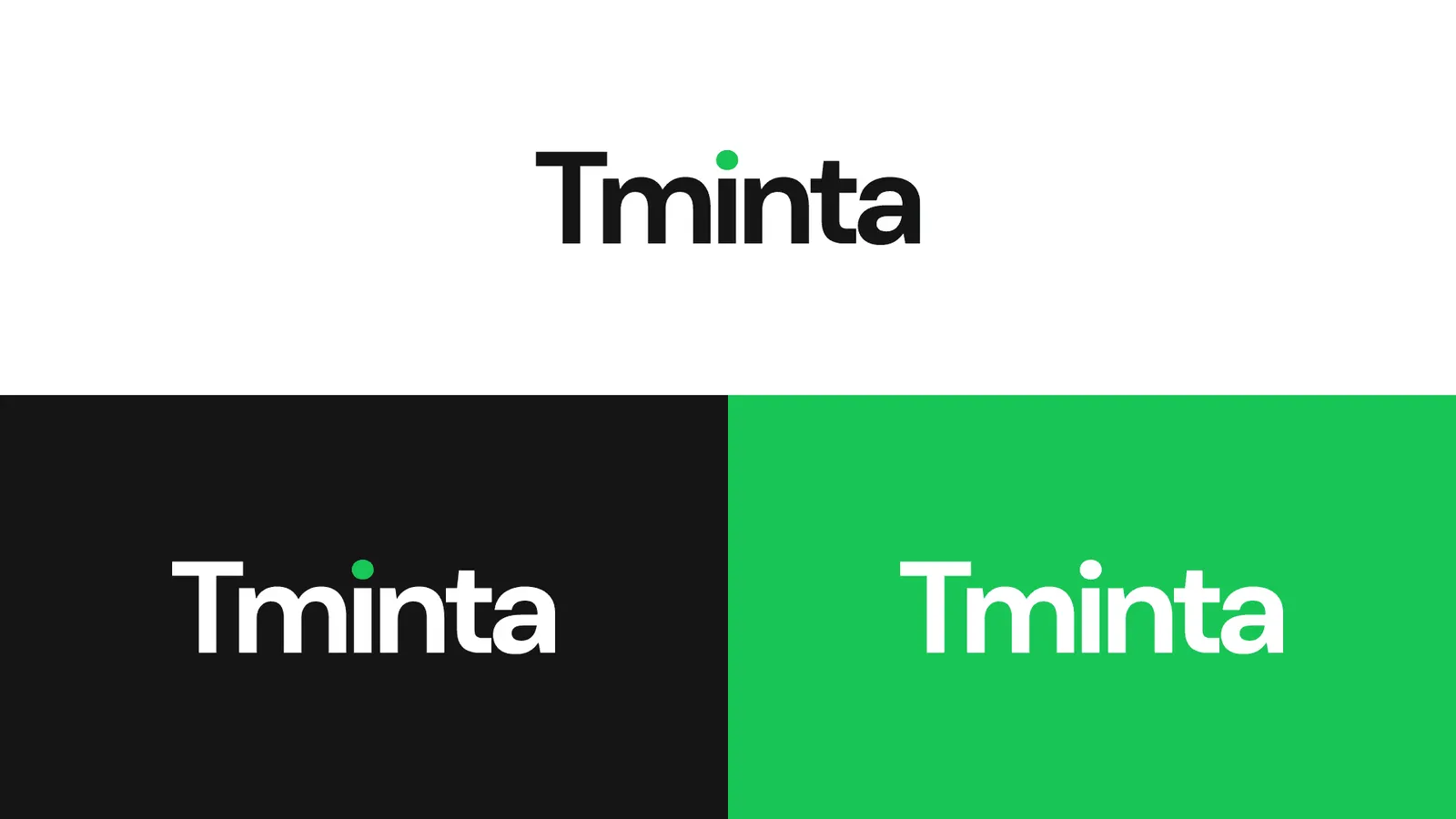 Tminta wordmark on white, black and green