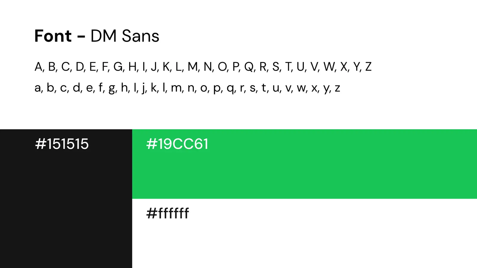 Tminta font, DM Sans, and colours: black, green and white