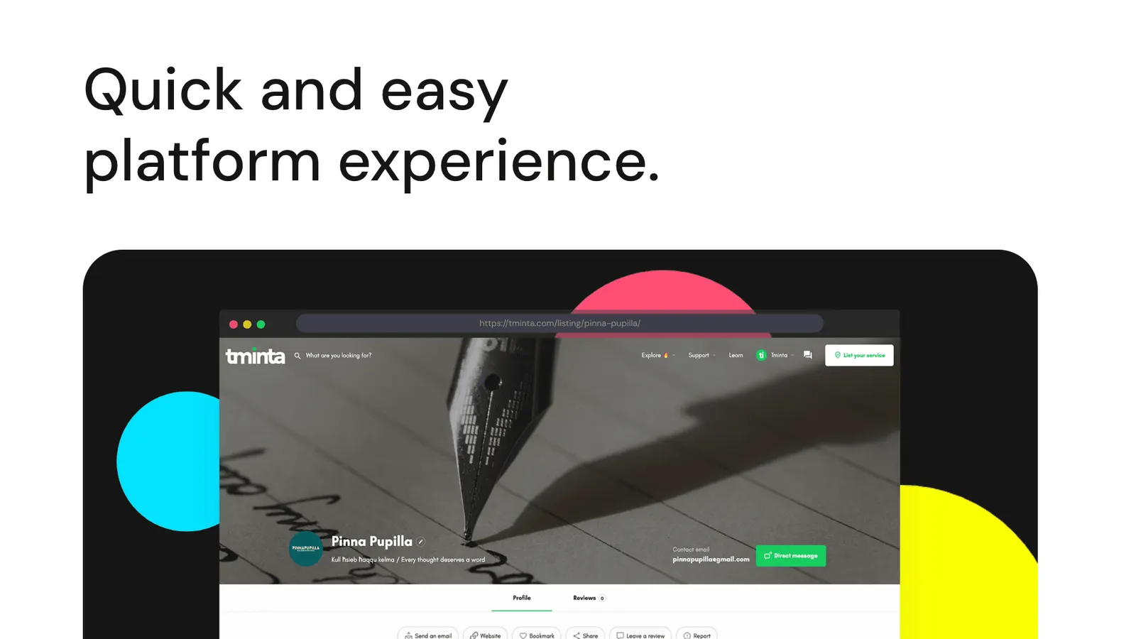 Quick and easy platform experience: a Tminta profile page
