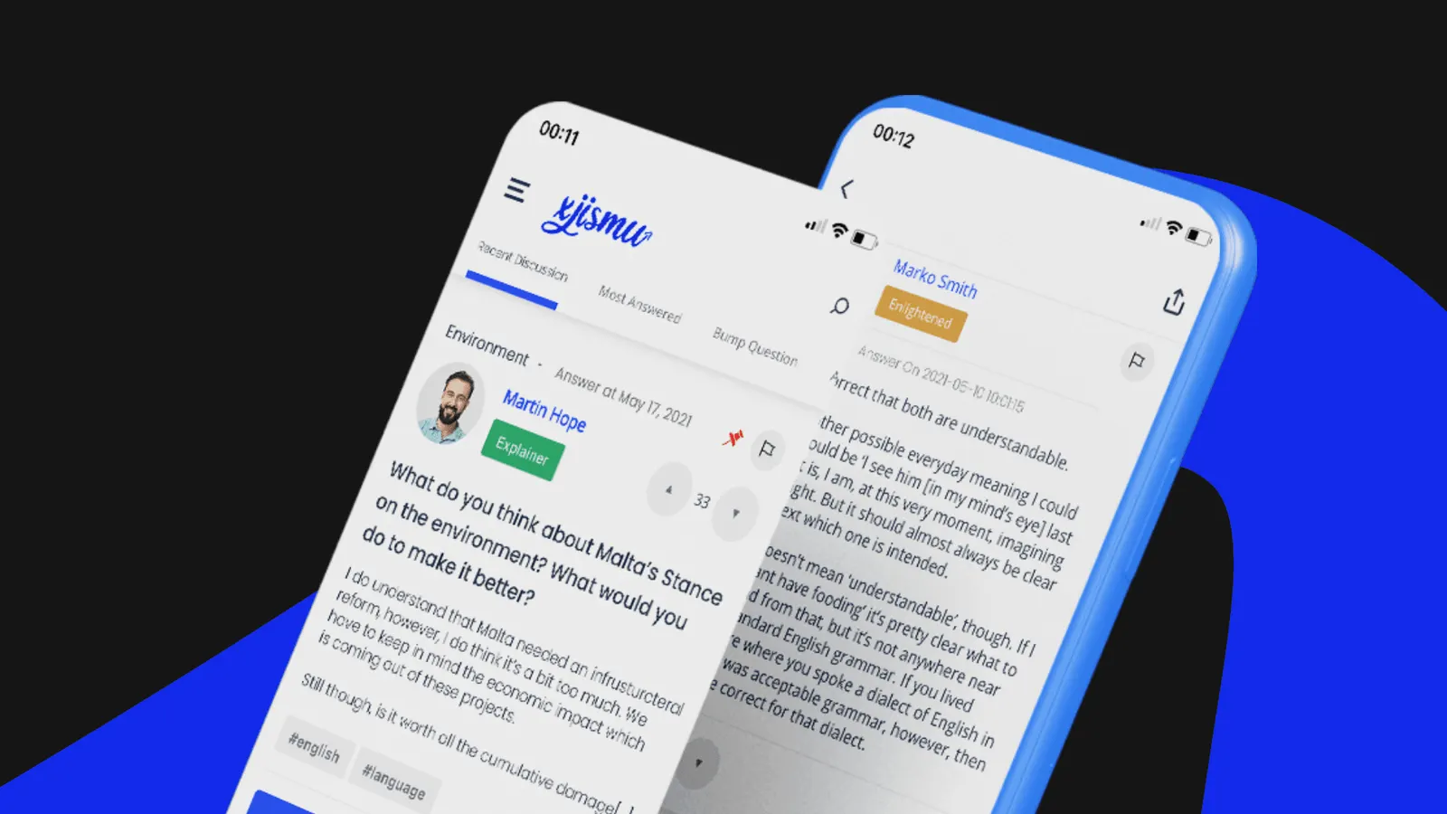 Xjismu app screens on two phones