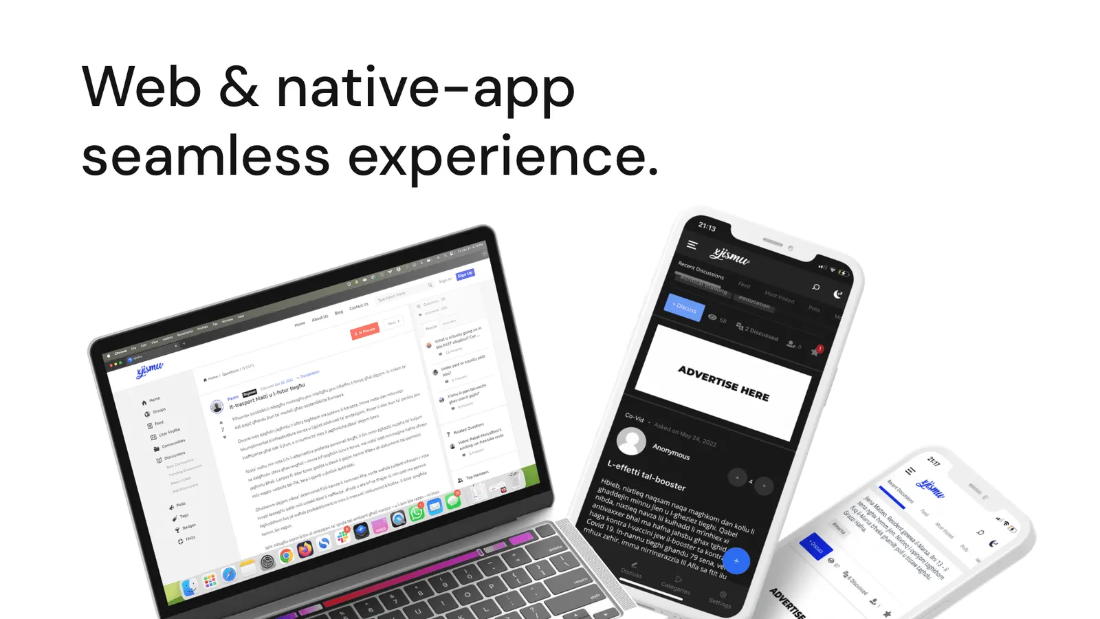 Web and native app: Xjismu on a laptop and phones